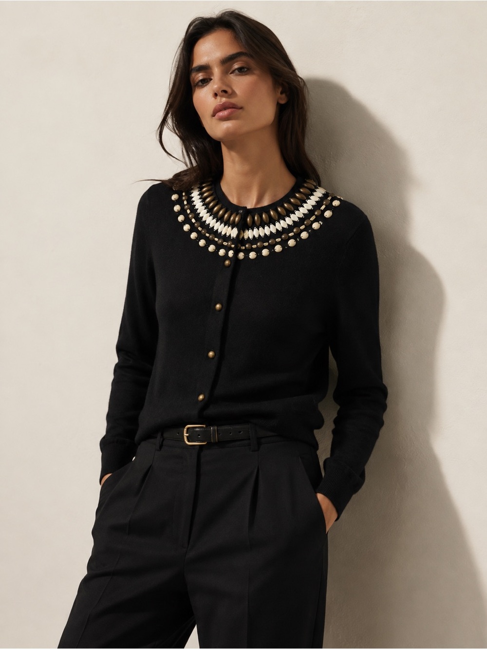 Black Embellished Neckline Cardigan Sweater By Alfani Size M
